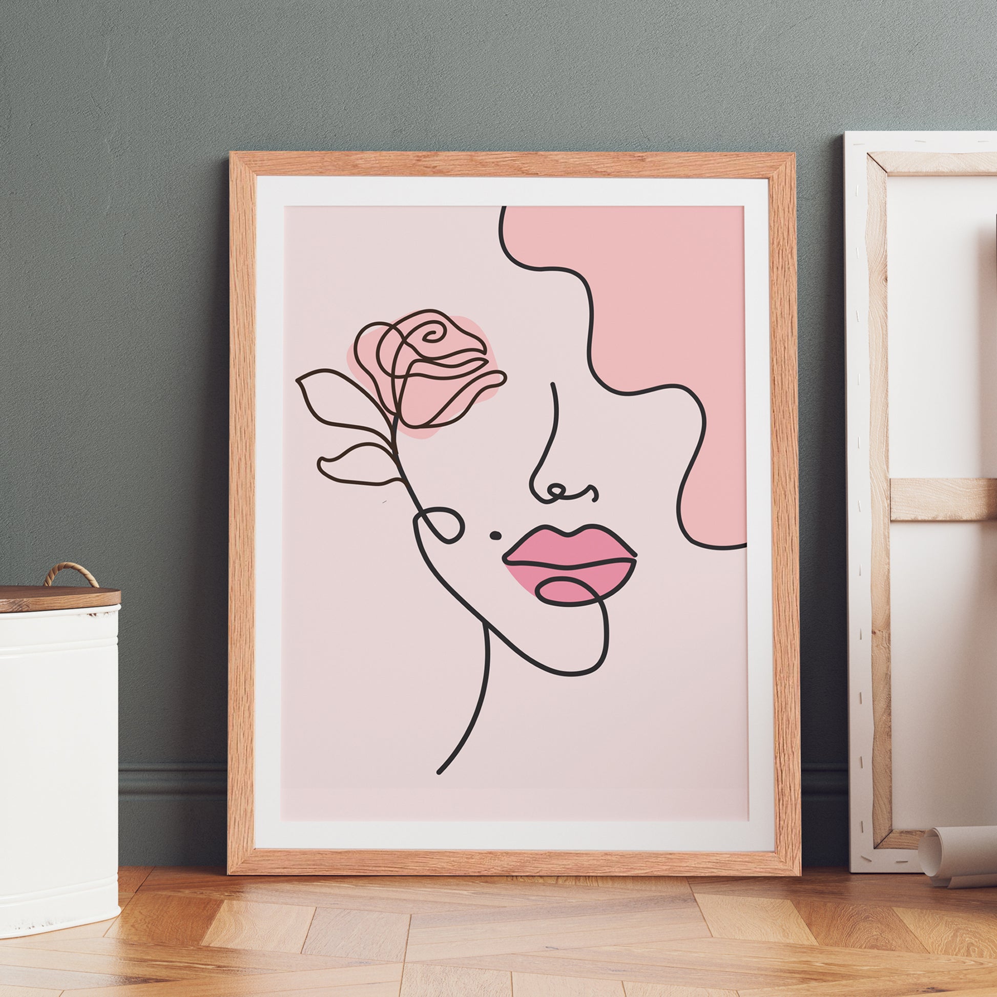 line art print in wooden frame