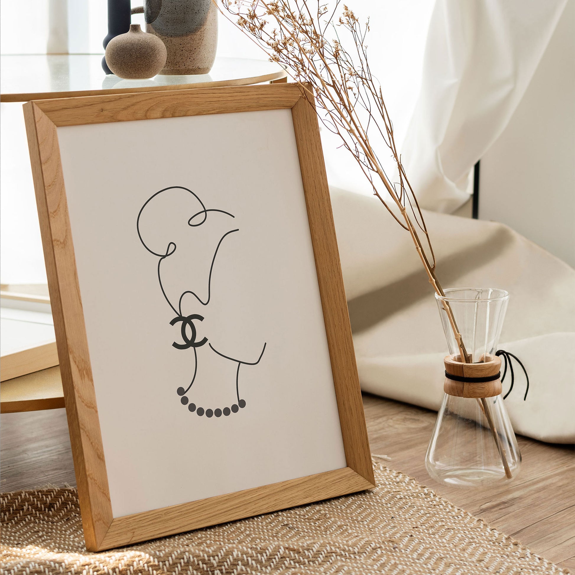 line art in wooden frame